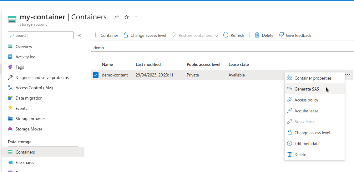 Azure Portal - Locate container