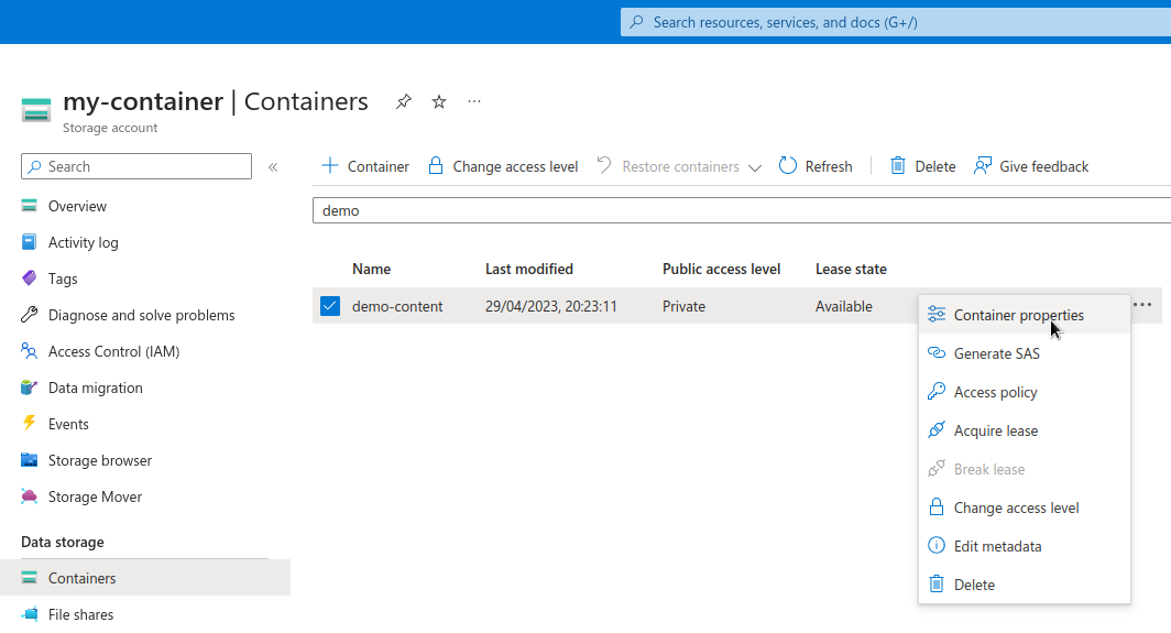 Azure Portal - Locate container