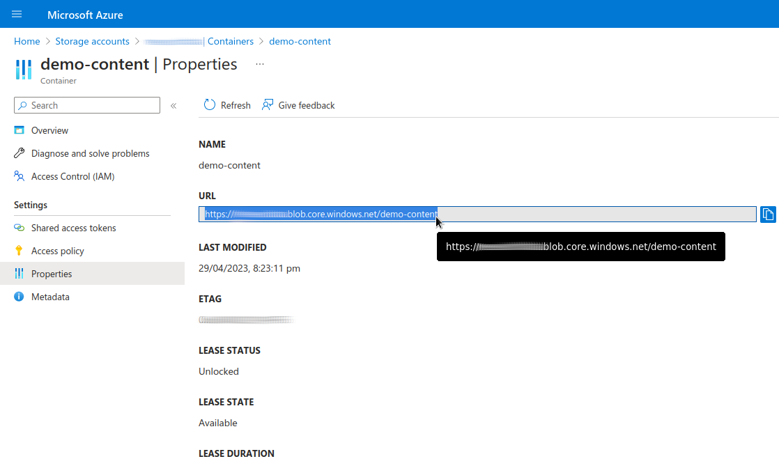 Azure Portal - Locate container